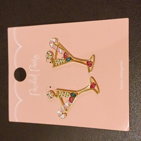 NWT Hypo-Allergenic Women's Goldtone Candy Canes & Cocktails Earrings - Picture 1 of 4